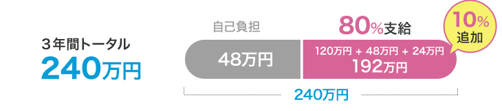 10％追加され、3年間トータル240万円中、80％の192万円支給